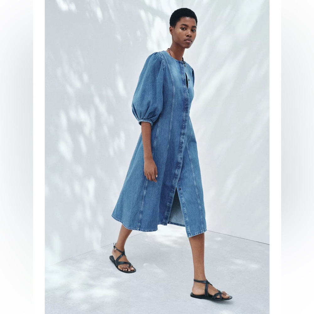 NWT Zara Blue Denim Midi Dress with Balloon Sleeves - Picture 3 of 12